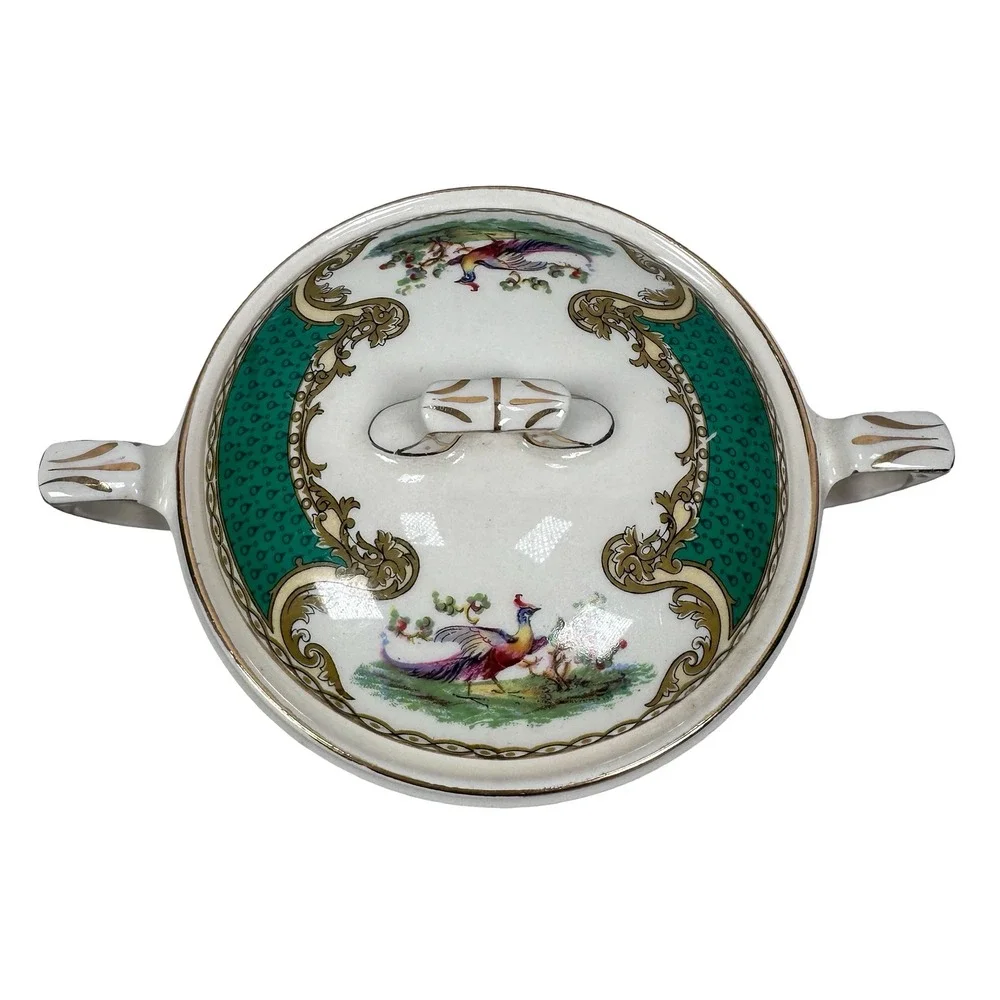 Myott‎ Royal Crown Staffordshire England Chelsea Bird Green Covered Sugar Bowl